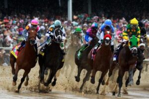 A stylish crowd at the Derby, showcasing elegant hats, mint juleps, and the excitement of horse racing.